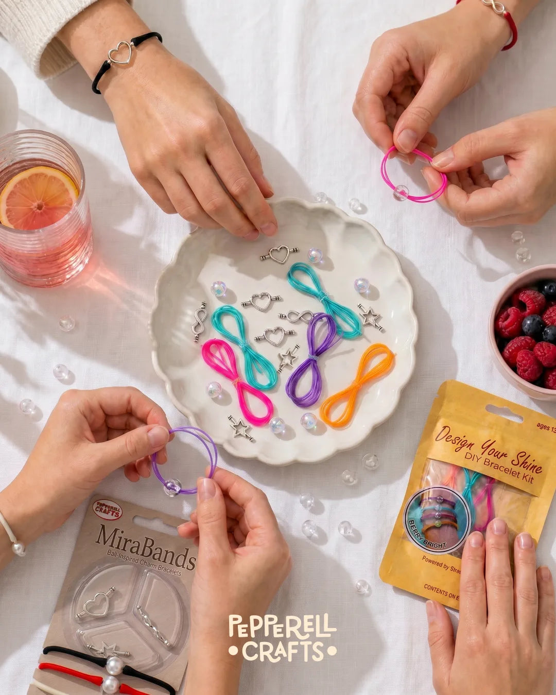 Pepperell bracelet-making kits and craft supplies on a table